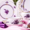 Tea Set for 2 Persons with Cake Plate - Apponyi Lilac pattern. Herend porcelain hand painted