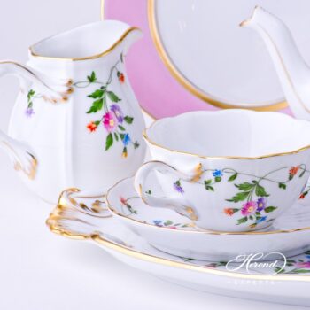 Tea Set w. Pink and Blue Dessert Plates for 2 Persons - Herend Imola Colored IAVT design. Herend fine china tableware