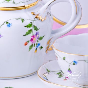Tea Set w. Pink and Blue Dessert Plates for 2 Persons - Herend Imola Colored IAVT design. Herend fine china tableware