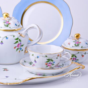 Tea Set w. Pink and Blue Dessert Plates for 2 Persons - Herend Imola Colored IAVT design. Herend fine china tableware