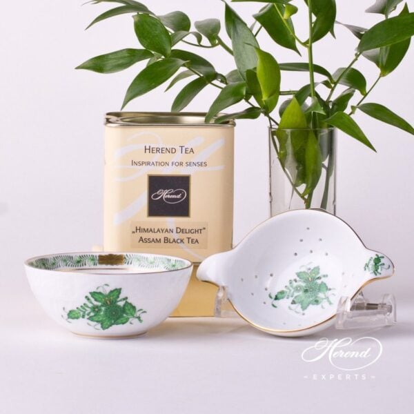 Tea Strainer w. Cup 1453-0-00 AV and 1454-0-00 AV Chinese Bouquet / Apponyi Green designs. Herend fine china tableware