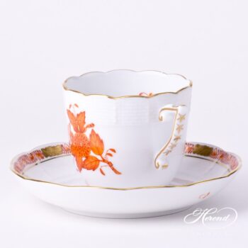 Coffee Cup w. Saucer 706-0-00 AOG Chinese Bouquet Rust / Apponyi Orange design. Herend fine china