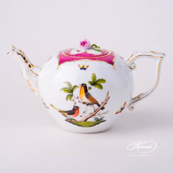 Tea Pot with Rose Knob 604-0-09 RO-EOP Rothschild Bird Raspberry / Purple Fish Scale decor. Herend porcelain tableware. Hand painted