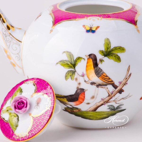 Tea Pot with Rose Knob 604-0-09 RO-EOP Rothschild Bird Raspberry / Purple Fish Scale decor. Herend porcelain tableware. Hand painted