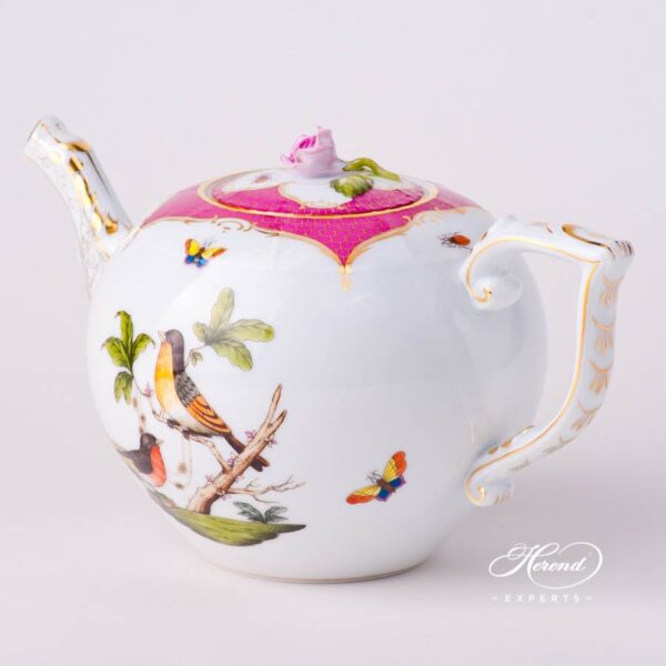 Tea Pot with Rose Knob 604-0-09 RO-EOP Rothschild Bird Raspberry / Purple Fish Scale decor. Herend porcelain tableware. Hand painted