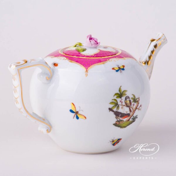 Tea Pot with Rose Knob 604-0-09 RO-EOP Rothschild Bird Raspberry / Purple Fish Scale decor. Herend porcelain tableware. Hand painted