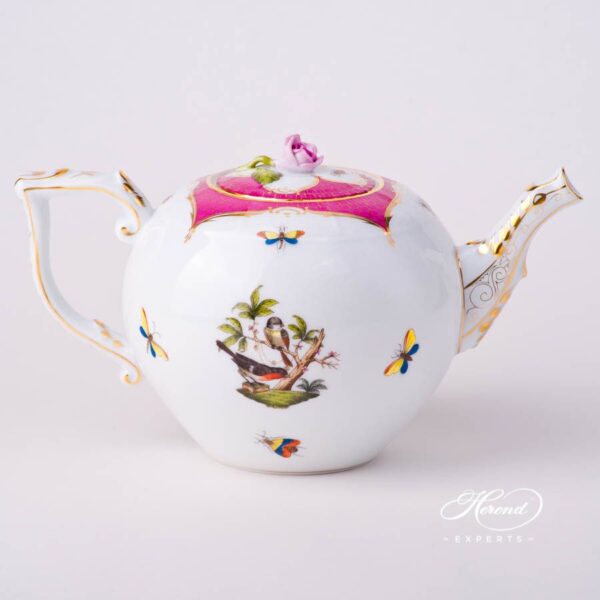 Tea Pot with Rose Knob 604-0-09 RO-EOP Rothschild Bird Raspberry / Purple Fish Scale decor. Herend porcelain tableware. Hand painted