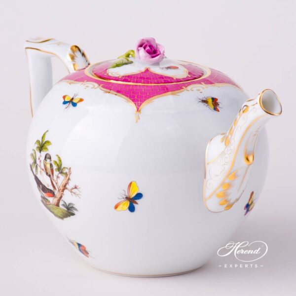 Tea Pot with Rose Knob 604-0-09 RO-EOP Rothschild Bird Raspberry / Purple Fish Scale decor. Herend porcelain tableware. Hand painted