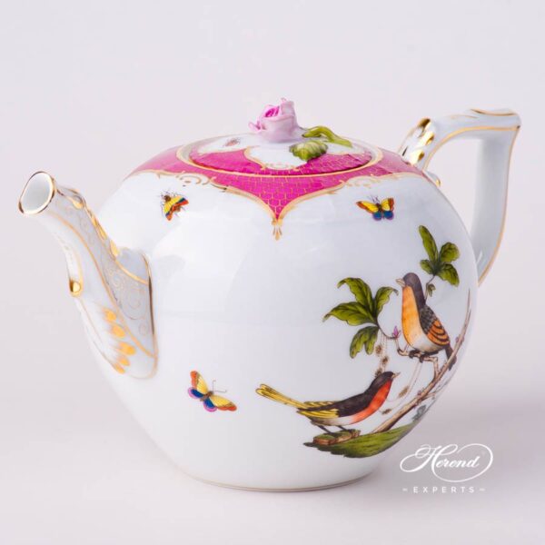 Tea Pot with Rose Knob 604-0-09 RO-EOP Rothschild Bird Raspberry / Purple Fish Scale decor. Herend porcelain tableware. Hand painted