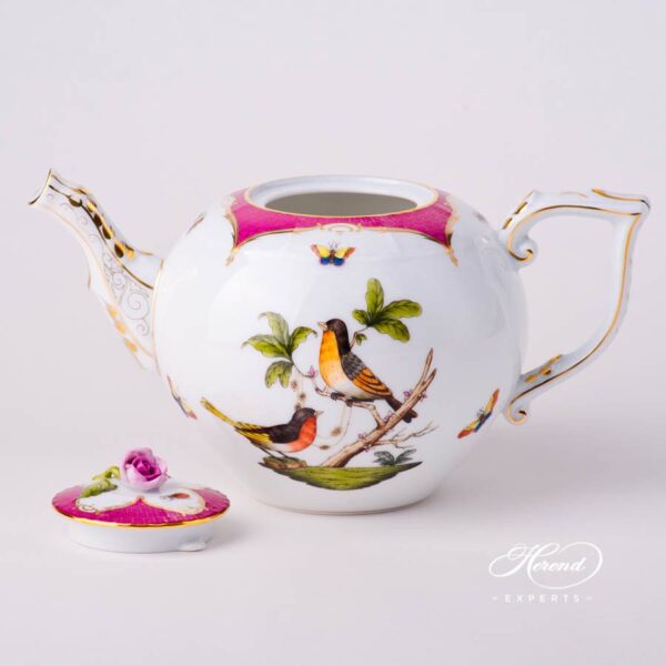 Tea Pot with Rose Knob 604-0-09 RO-EOP Rothschild Bird Raspberry / Purple Fish Scale decor. Herend porcelain tableware. Hand painted