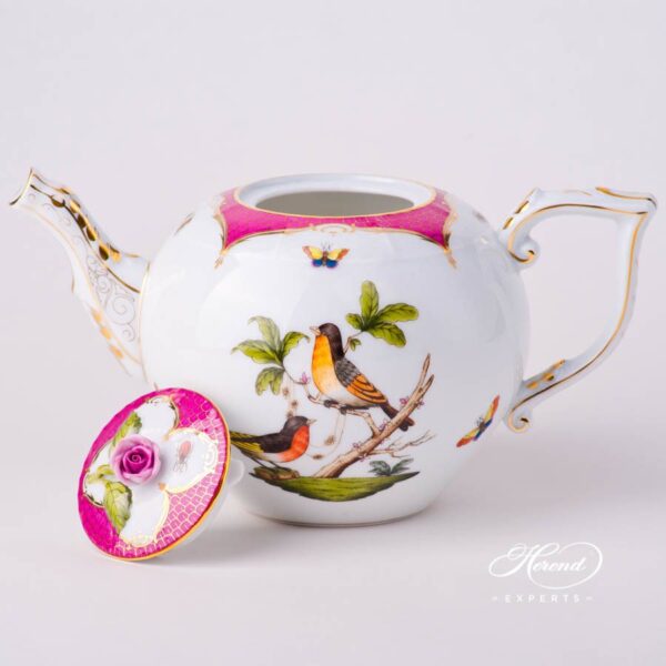 Tea Pot with Rose Knob 604-0-09 RO-EOP Rothschild Bird Raspberry / Purple Fish Scale decor. Herend porcelain tableware. Hand painted