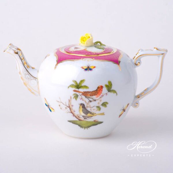 Tea Pot with Rose Knob 606-0-09 RO-EOP Rothschild Bird Raspberry / Purple Fish Scale decor. Herend porcelain tableware. Hand painted