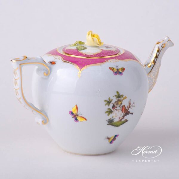 Tea Pot with Rose Knob 606-0-09 RO-EOP Rothschild Bird Raspberry / Purple Fish Scale decor. Herend porcelain tableware. Hand painted