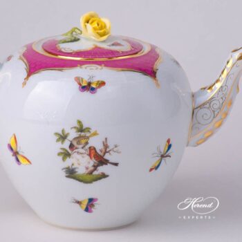 Tea Pot with Rose Knob 606-0-09 RO-EOP Rothschild Bird Raspberry / Purple Fish Scale decor. Herend porcelain tableware. Hand painted