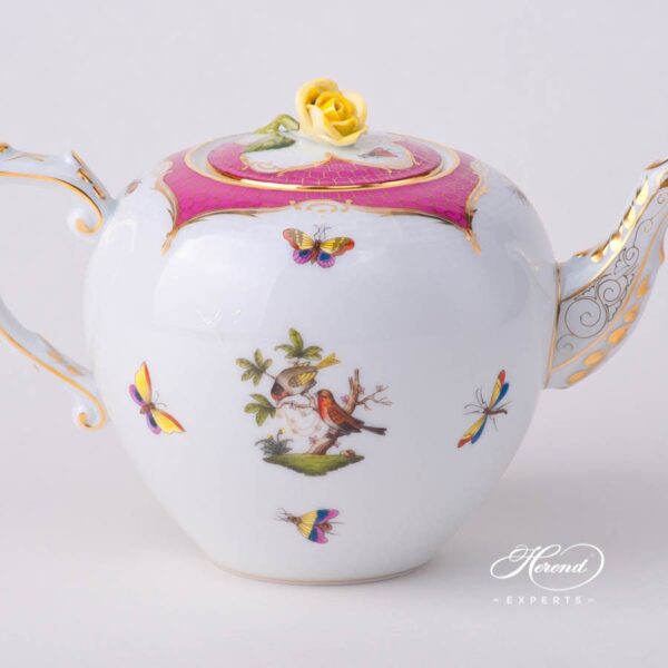 Tea Pot with Rose Knob 606-0-09 RO-EOP Rothschild Bird Raspberry / Purple Fish Scale decor. Herend porcelain tableware. Hand painted