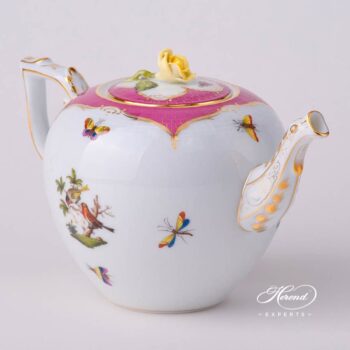 Tea Pot with Rose Knob 606-0-09 RO-EOP Rothschild Bird Raspberry / Purple Fish Scale decor. Herend porcelain tableware. Hand painted