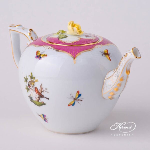 Tea Pot with Rose Knob 606-0-09 RO-EOP Rothschild Bird Raspberry / Purple Fish Scale decor. Herend porcelain tableware. Hand painted