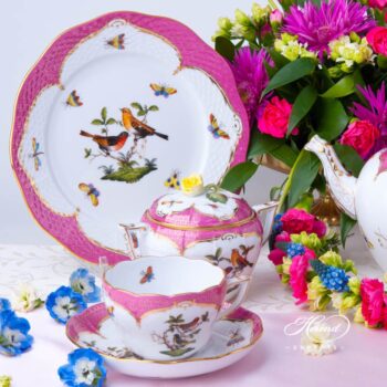Tea Set for 2 Persons - Rothschild Bird Purple Fish Scale RO-EOP decor. Herend porcelain tableware. Hand painted