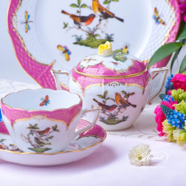 Tea Set for 2 Persons - Rothschild Bird Purple Fish Scale RO-EOP decor. Herend porcelain tableware. Hand painted
