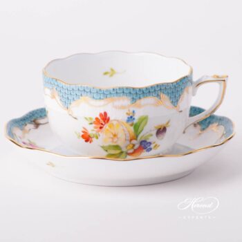 Tea Cup with Saucer 724-0-00 CFR-ET Fruits with Turquoise Fish Scale design. Herend fine china tableware. Hand painted. CFR-ET #2 motif