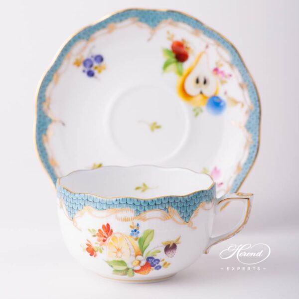 Tea Cup with Saucer 724-0-00 CFR-ET Fruits with Turquoise Fish Scale design. Herend fine china tableware. Hand painted. CFR-ET #2 motif