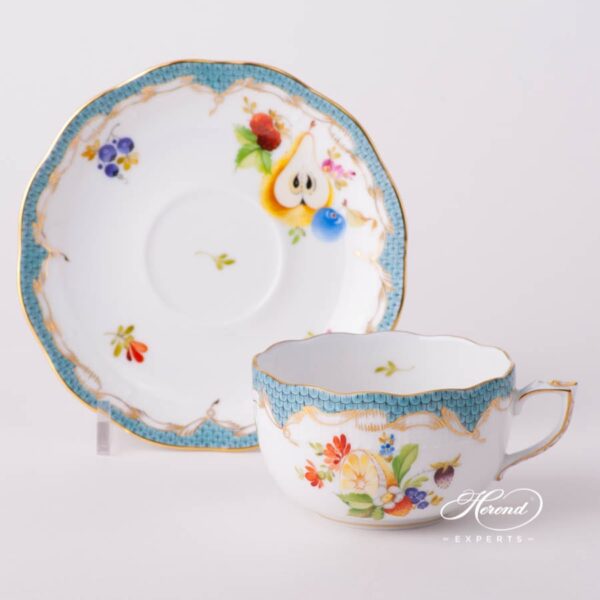 Tea Cup with Saucer 724-0-00 CFR-ET Fruits with Turquoise Fish Scale design. Herend fine china tableware. Hand painted. CFR-ET #2 motif