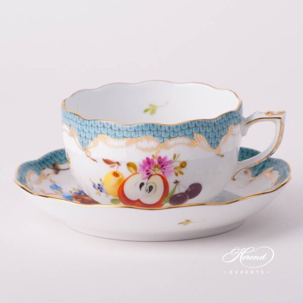 Tea Cup with Saucer 724-0-00 CFR-ET Fruits with Turquoise Fish Scale design. Herend fine china tableware. Hand painted. CFR-ET #10 motif