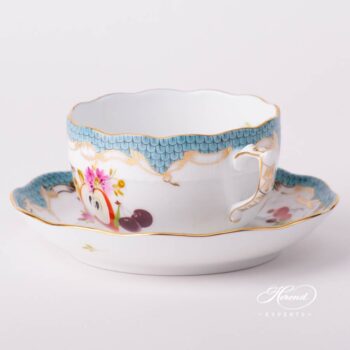 Tea Cup with Saucer 724-0-00 CFR-ET Fruits with Turquoise Fish Scale design. Herend fine china tableware. Hand painted. CFR-ET #10 motif