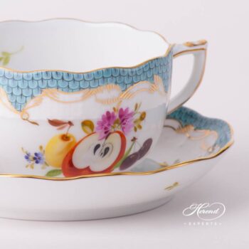 Tea Cup with Saucer 724-0-00 CFR-ET Fruits with Turquoise Fish Scale design. Herend fine china tableware. Hand painted. CFR-ET #10 motif