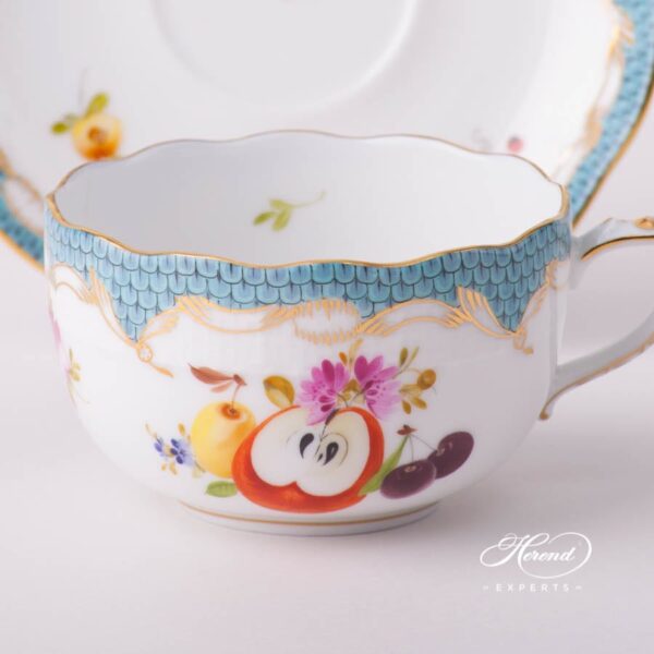 Tea Cup with Saucer 724-0-00 CFR-ET Fruits with Turquoise Fish Scale design. Herend fine china tableware. Hand painted. CFR-ET #10 motif