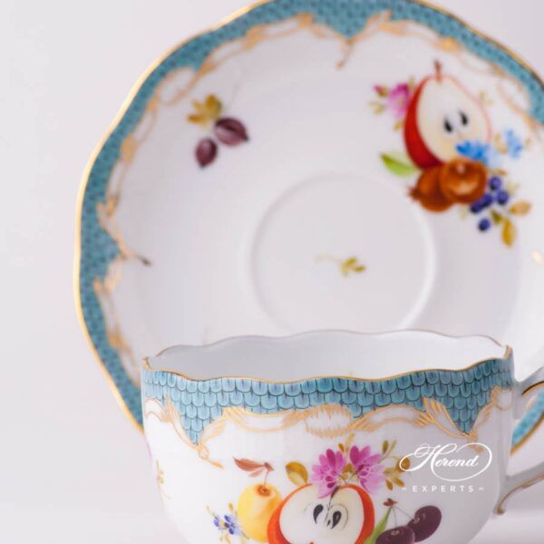 Tea Cup with Saucer 724-0-00 CFR-ET Fruits with Turquoise Fish Scale design. Herend fine china tableware. Hand painted. CFR-ET #10 motif