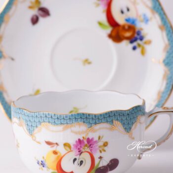 Tea Cup with Saucer 724-0-00 CFR-ET Fruits with Turquoise Fish Scale design. Herend fine china tableware. Hand painted. CFR-ET #10 motif