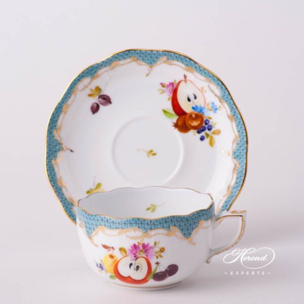 Tea Cup with Saucer 724-0-00 CFR-ET Fruits with Turquoise Fish Scale design. Herend fine china tableware. Hand painted. CFR-ET #10 motif