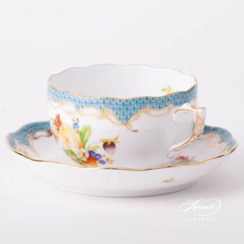 Tea Cup with Saucer 724-0-00 CFR-ET Fruits with Turquoise Fish Scale design. Herend fine china tableware. Hand painted. CFR-ET #2 motif