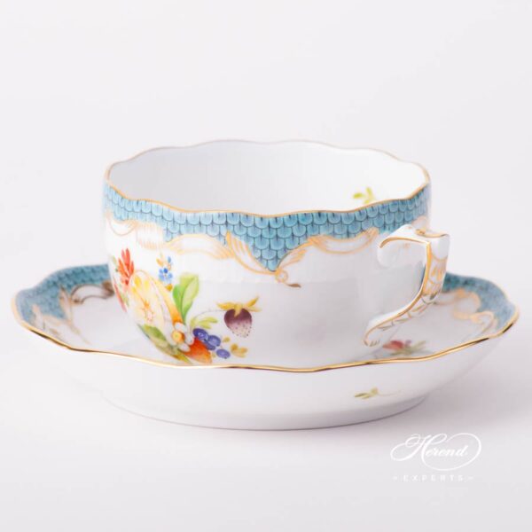 Tea Cup with Saucer 724-0-00 CFR-ET Fruits with Turquoise Fish Scale design. Herend fine china tableware. Hand painted. CFR-ET #2 motif
