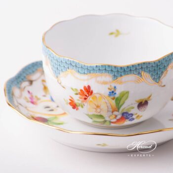 Tea Cup with Saucer 724-0-00 CFR-ET Fruits with Turquoise Fish Scale design. Herend fine china tableware. Hand painted. CFR-ET #2 motif