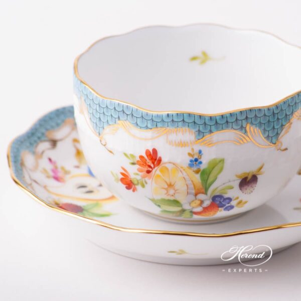 Tea Cup with Saucer 724-0-00 CFR-ET Fruits with Turquoise Fish Scale design. Herend fine china tableware. Hand painted. CFR-ET #2 motif