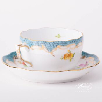 Tea Cup with Saucer 724-0-00 CFR-ET Fruits with Turquoise Fish Scale design. Herend fine china tableware. Hand painted. CFR-ET #2 motif