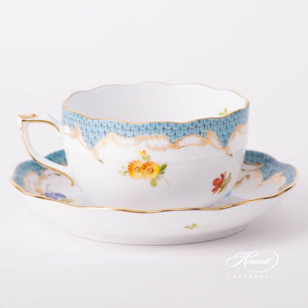 Tea Cup with Saucer 724-0-00 CFR-ET Fruits with Turquoise Fish Scale design. Herend fine china tableware. Hand painted. CFR-ET #2 motif