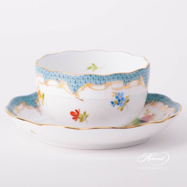 Tea Cup with Saucer 724-0-00 CFR-ET Fruits with Turquoise Fish Scale design. Herend fine china tableware. Hand painted. CFR-ET #2 motif