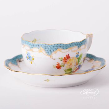 Tea Cup with Saucer 724-0-00 CFR-ET Fruits with Turquoise Fish Scale design. Herend fine china tableware. Hand painted. CFR-ET #2 motif