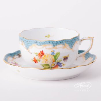 Tea Cup with Saucer 724-0-00 CFR-ET Fruits with Turquoise Fish Scale design. Herend fine china tableware. Hand painted. CFR-ET #2 motif