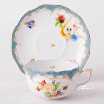 Tea Cup with Saucer 724-0-00 CFR-ET Fruits with Turquoise Fish Scale design. Herend fine china tableware. Hand painted. CFR-ET #2 motif