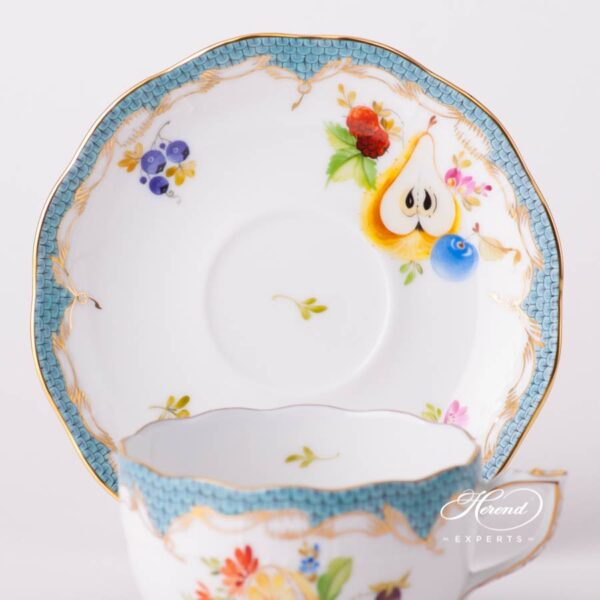 Tea Cup with Saucer 724-0-00 CFR-ET Fruits with Turquoise Fish Scale design. Herend fine china tableware. Hand painted. CFR-ET #2 motif