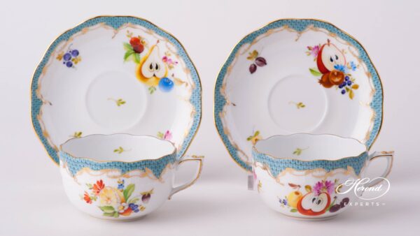 Tea Cup with Saucer 724-0-00 CFR-ET Fruits with Turquoise Fish Scale design. Herend fine china tableware. Hand painted