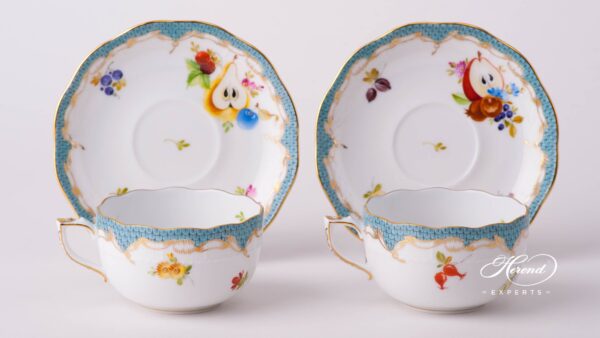 Tea Cup with Saucer 724-0-00 CFR-ET Fruits with Turquoise Fish Scale design. Herend fine china tableware. Hand painted