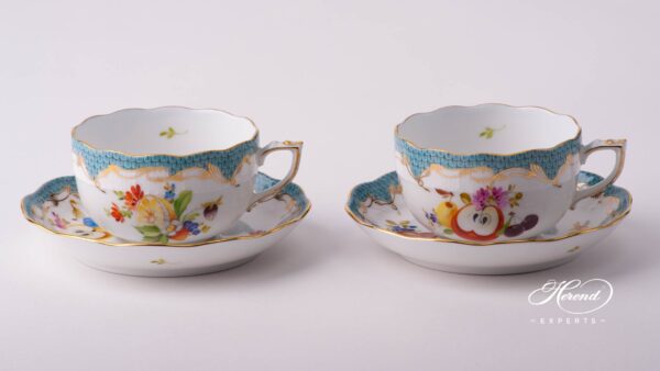 Tea Cup with Saucer 724-0-00 CFR-ET Fruits with Turquoise Fish Scale design. Herend fine china tableware. Hand painted