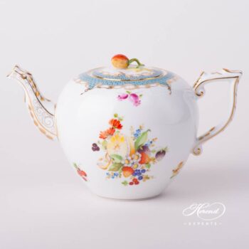 Tea Pot with Strawberry Knob 606-0-11 CFR-ET Fruits w. Turquoise Fish Scale design. Herend porcelain tableware. Hand painted