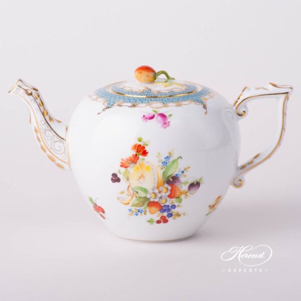 Tea Pot with Strawberry Knob 606-0-11 CFR-ET Fruits w. Turquoise Fish Scale design. Herend porcelain tableware. Hand painted
