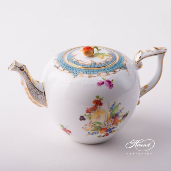 Tea Pot with Strawberry Knob 606-0-11 CFR-ET Fruits w. Turquoise Fish Scale design. Herend porcelain tableware. Hand painted